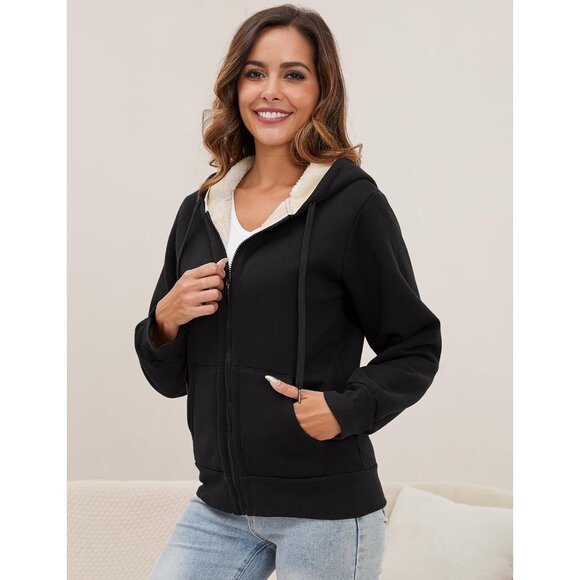 Women's Sherpa Lined Hooded Sweatshirt Zip Up Winter Warm Hoodie Comfy Hooded Fl - Picture 4 of 7
